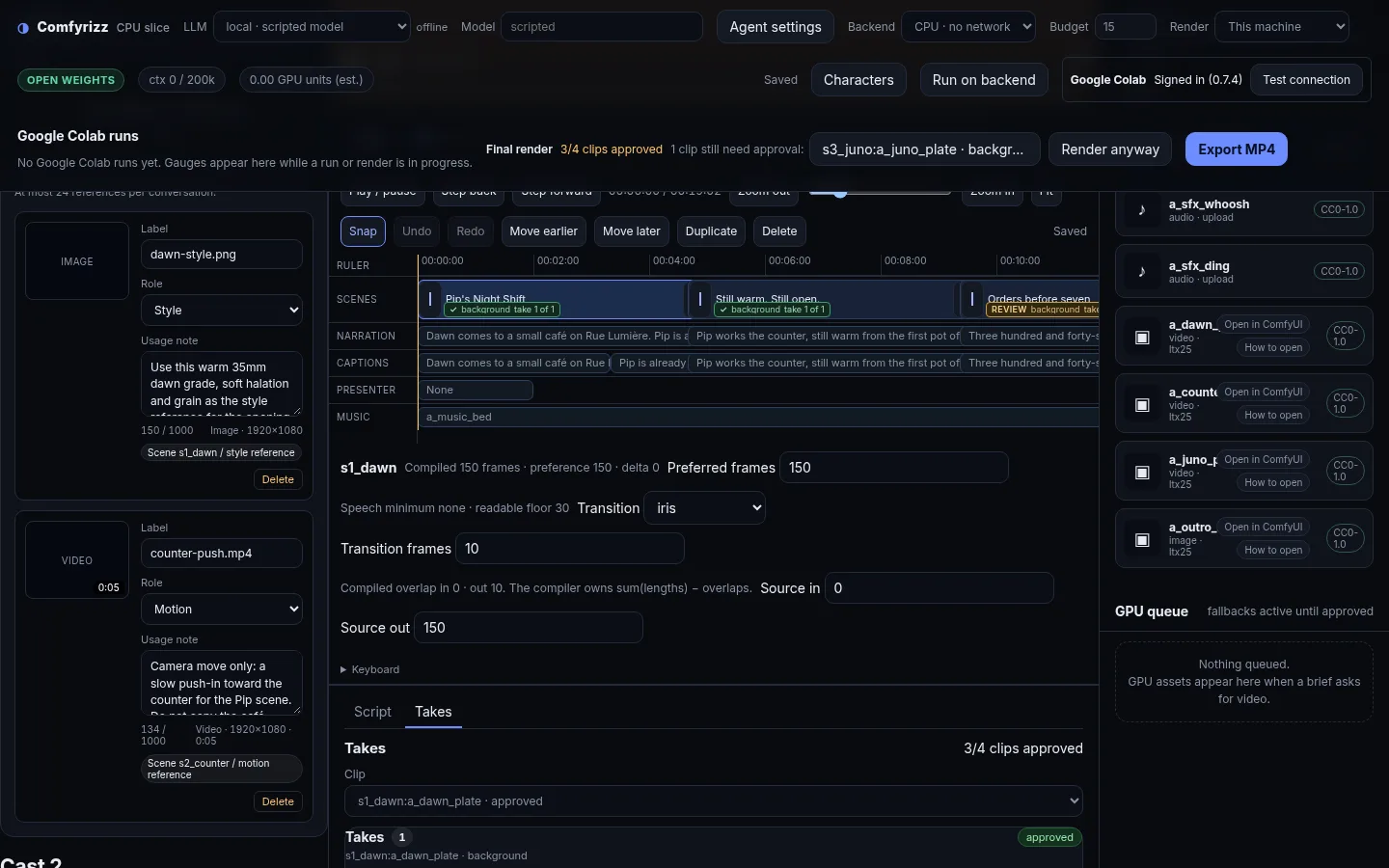comfyrizz app: chat, preview and timeline